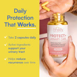 Supplement bottle labeled 'finally HER HEALTH PROTECT+ URINARY CARE' held by a hand with text on daily protection and benefits.
